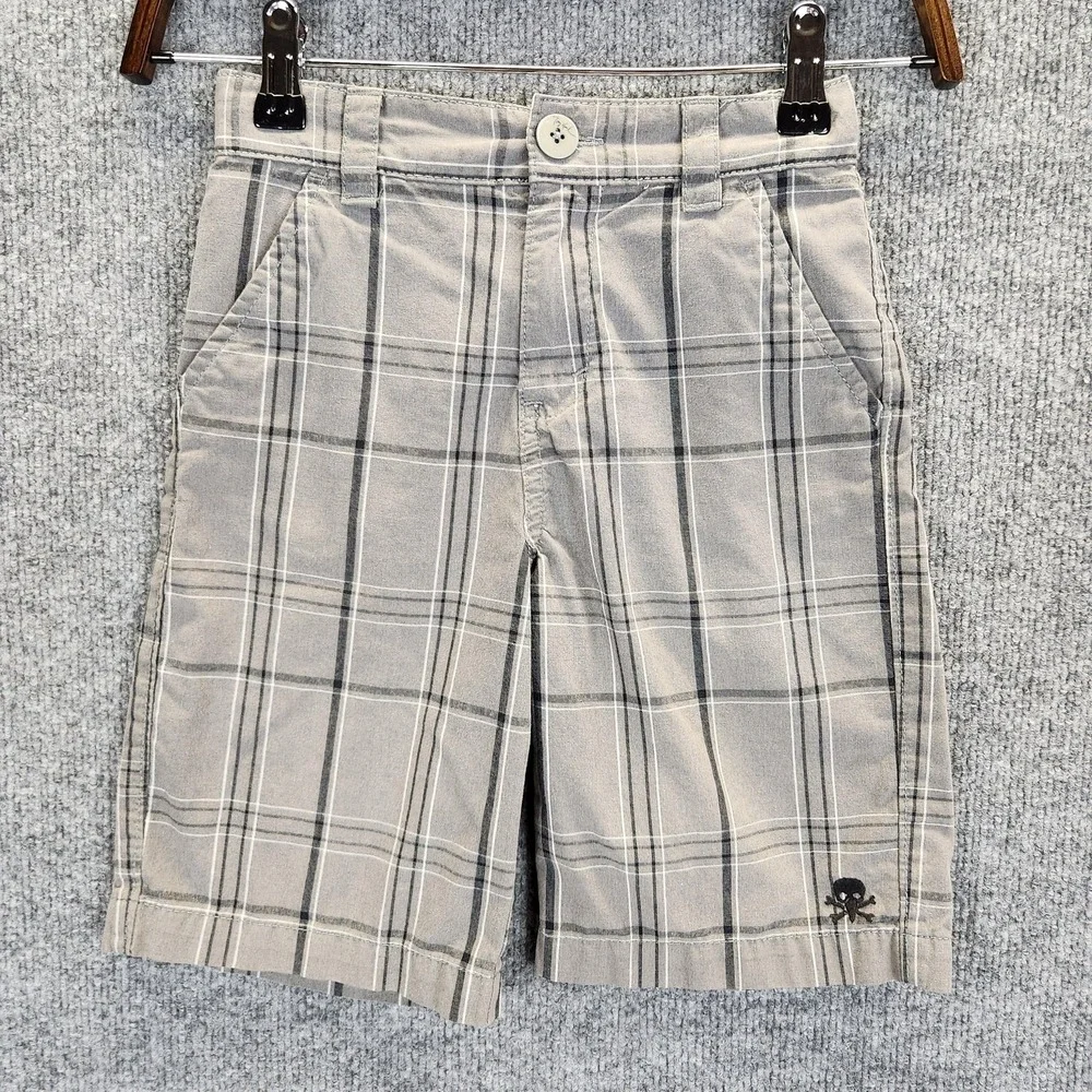 Tony Hawk Shorts Boys Size 7 Gray Plaid‎ Skull Embroidered Casual Skate Youth